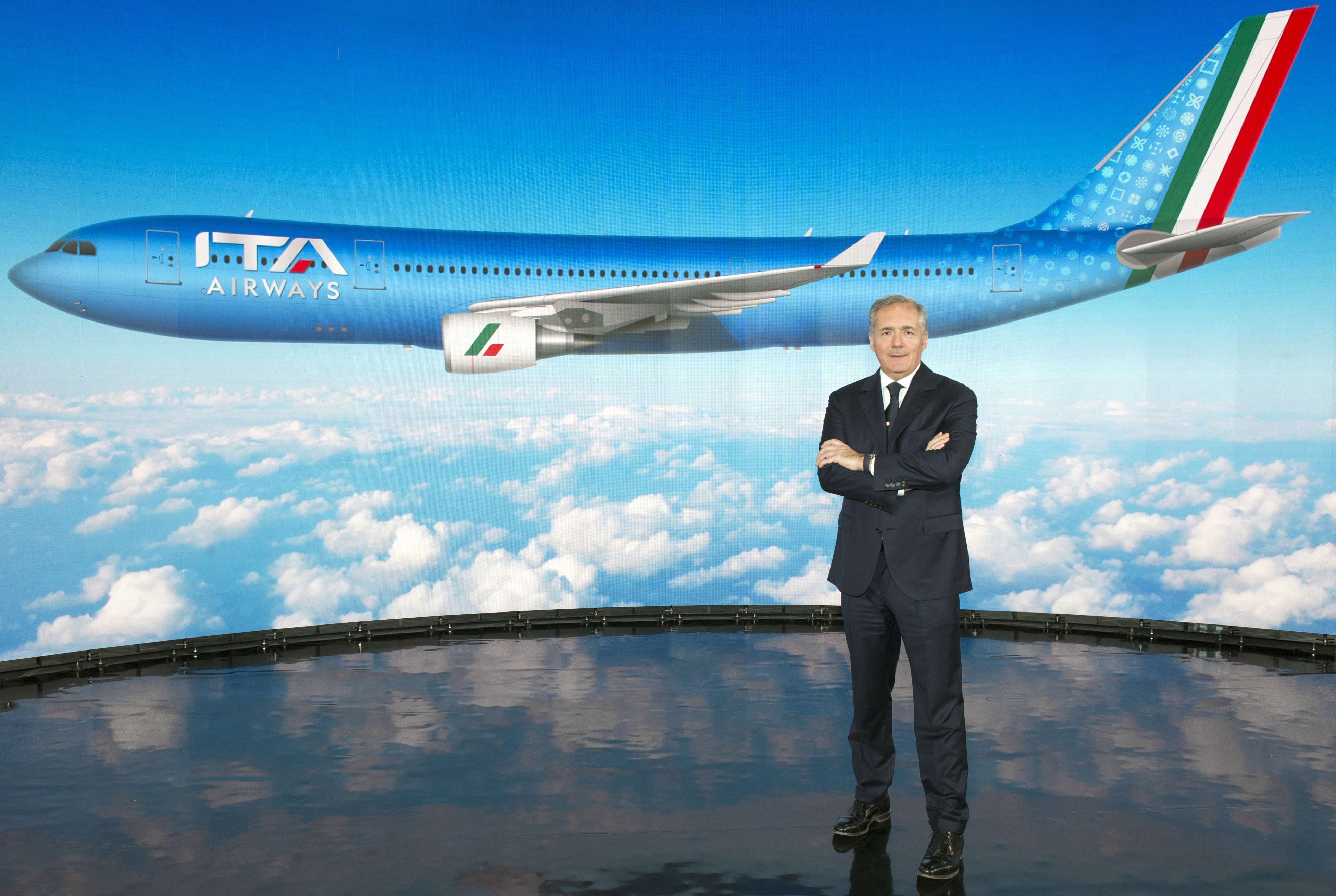 Alfredo Altavilla, President of ITA Airways near the aircraf with the new livery unveiled on October 15, 2021 with the first take off of the new flag carrier