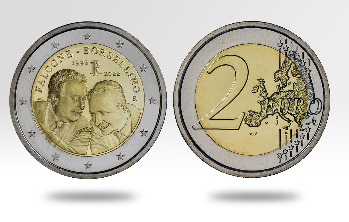 Conio speciale moneta del valore di due Euro raffigurante i due magistrati Falcone e Borsellino uccisi dalla mafia nel 1992 in occasione del trentennale delle due stragi