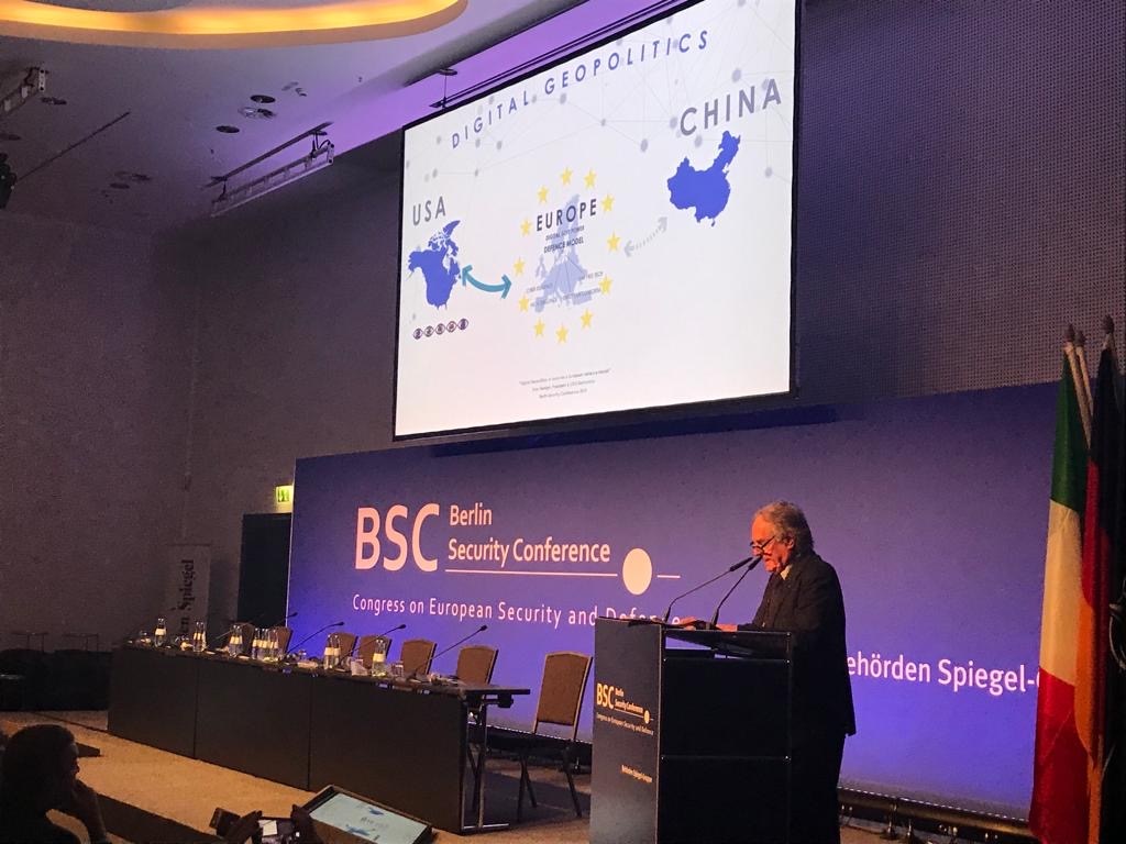 Berlino, 27 novembre 2019. Enzo Benigni, ad e presidente Elettronica, durante intervento “Digital Geopoltics: a vision for a European defence model” alla "Berlin Security Conference 2019"