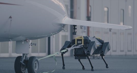 Robot HyQReal traina aereo passeggeri Piaggio P-180 Avanti di 3300 kg di peso, 14,4 m di lunghezza ed apertura alare di 14 m