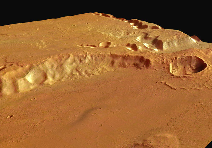 Immagine in prospettiva di Fossae Medusae scattata nel 2004 da High Resolution Stereo Camera (HRSC) a bordo di ESA Mars Express spacecraft