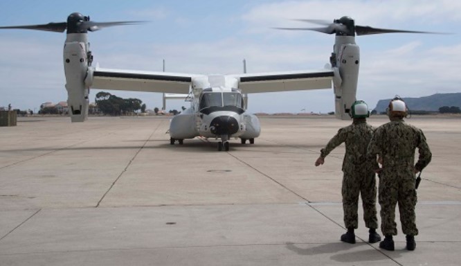 The first CMV-22B Osprey assigned to Fleet Logistics Multi-Mission Squadron (VRM) 30 landed at Naval Air Station North Island in San Diego on June 22, 2020