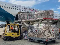 Loading of humanitarian goods on an A-330neo test aircraft at Vatry, France
