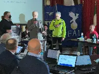 Giuseppe Leoni presidente di Aero Club d'Italia saluta una delegazione di Fai (Federazione aeronautica internazionale) il 16 marzo 2022 in AeCI