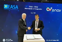 Madrid, October 26, 2021. From left: Paolo Simioni, CEO of Enav and Patrick Ky, executive director of Easa, signed a Memorandum of Cooperation on the international aviation during "World ATM Congress 2021"