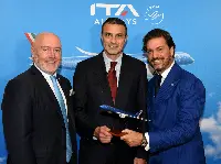 From left: Massimo Allegri, Regional Manager Americas ITA Airways; Fabrizio Di Michele, Consul General of Italy in New York; Giovanni Perosino, Chief Marketing Officer ITA Airways