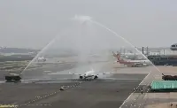 Water cannon from the first commercial flight of a Chinese Comac C-919 aircraft operated with passengers on May 28, 2023 by China Eastern Airlines