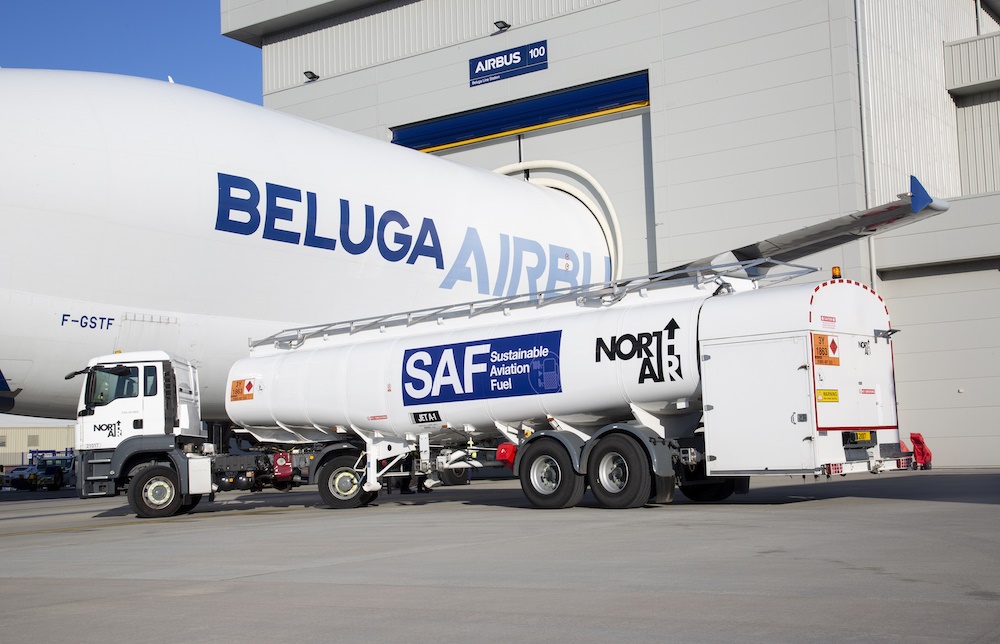 A Beluga aircraft using Sustainable Aviation Fuel (SAF) from the aerospace company’s Broughton plant in the UK