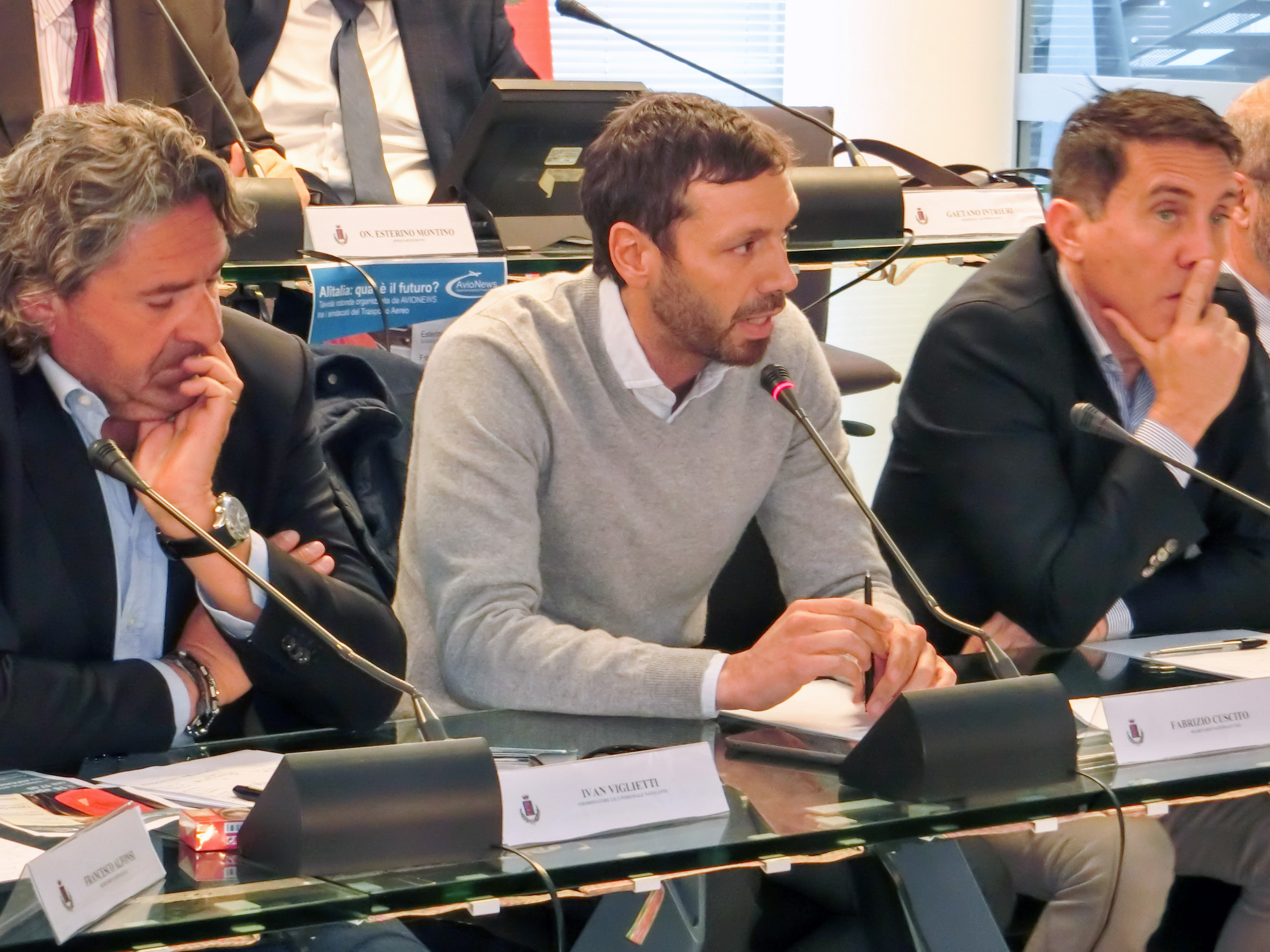 Ivan Viglietti (UIL TRASPORTI) Fabrizio Cuscito (FILT-CGIL) Stefano Di Cesare (FIT-CISL) alla tavola rotonda "Alitalia: qual è il futuro?" organizzata da AVIONEWS presso la sala consiliare del Comune di Fiumicino il 16 aprile 2019
