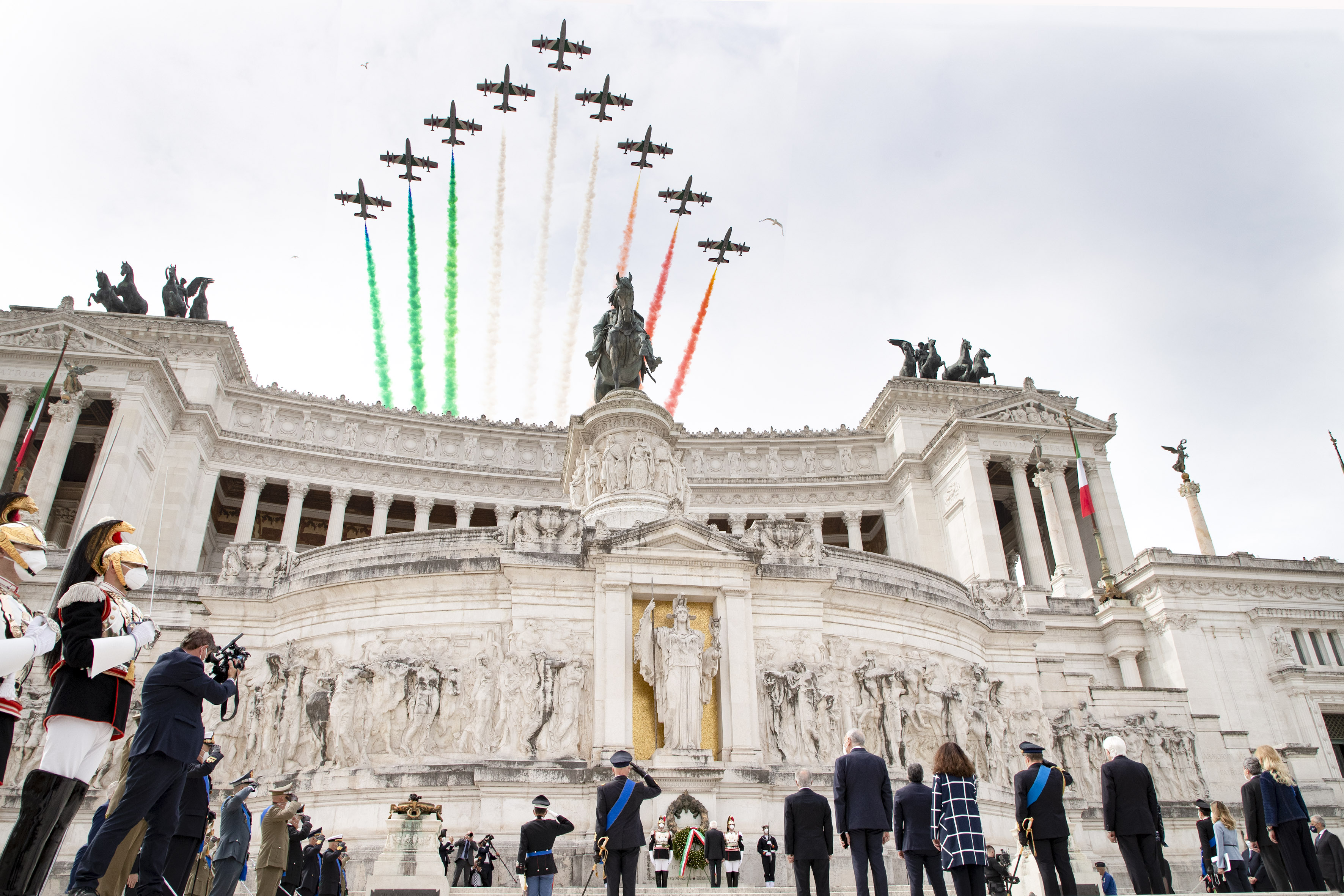 Rome on June 2, 2021. Overflying by MB-339 airplanes of the Italian Frecce Tricolori (PAN) on the Altare della Patria in Rome in the occasion of the 75th anniversary of the Italian Republic