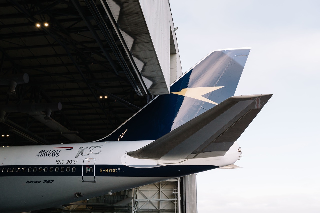 B-747 airplane of BA in the special livery of its centenary (1919-2019)