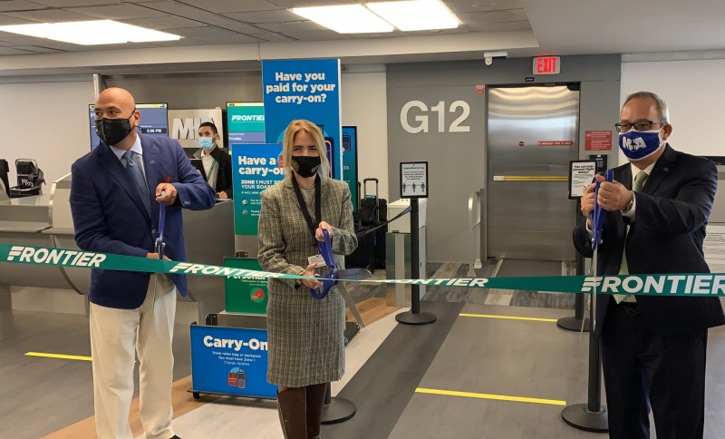 The ribbon cut ceremony before Frontier’s inaugural Punta Cana flight from Miami International Airport