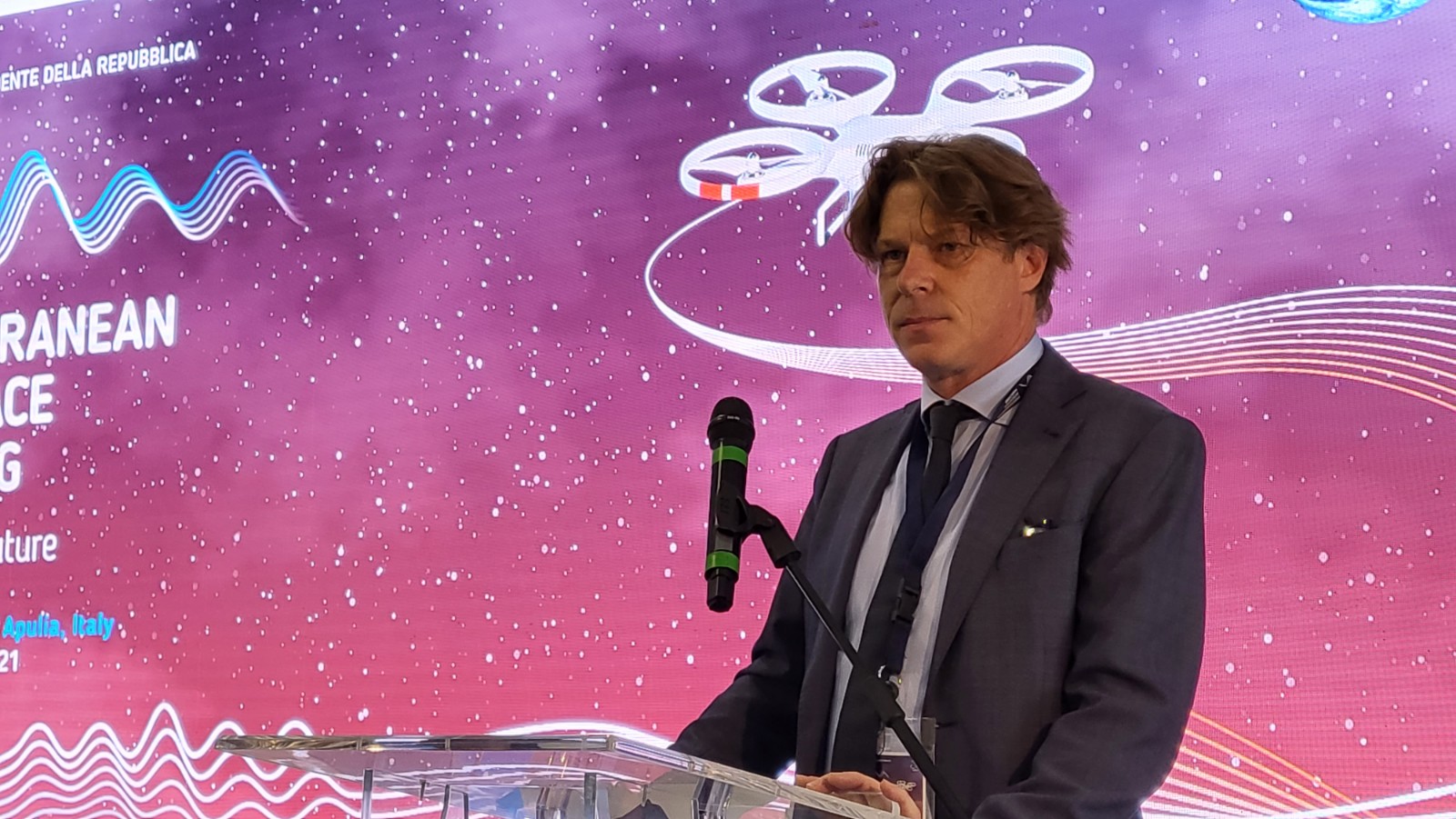 Presidente Distretto tecnologico aerospaziale (Dta), Giuseppe Acierno durante il suo intervento nella seconda giornata del "Mediterranean Aerospace Matching" (Mam) all’aeroporto "Marcello Arlotta" di Taranto-Grottaglie