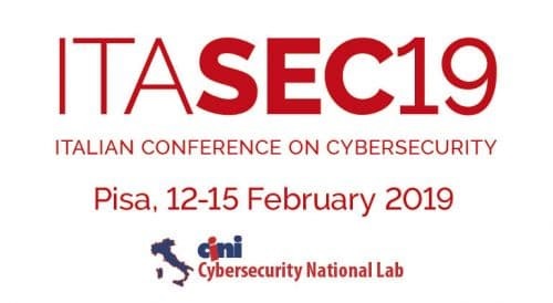 Logo "Itasec 19" (12-15 febbraio presso area ricerca Pisa Consiglio nazionale ricerche-Cnr-) evento sulla cyber security italiana