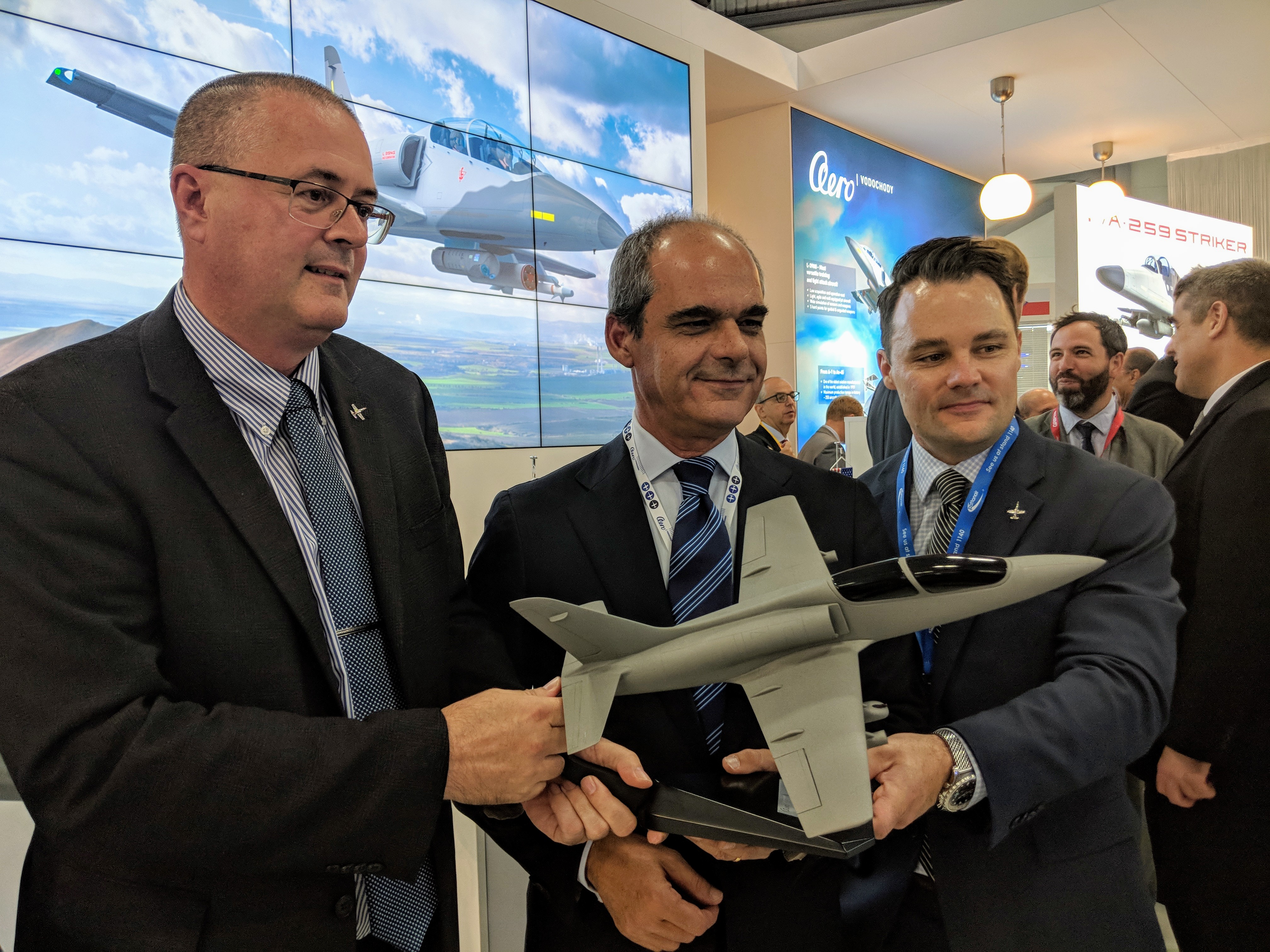 Mal Sandford, Giuseppe Giordo, David Patrick and Marco Venanzetti after the press conference of Aero Vodochody during "Farnborough Airshow 2018"