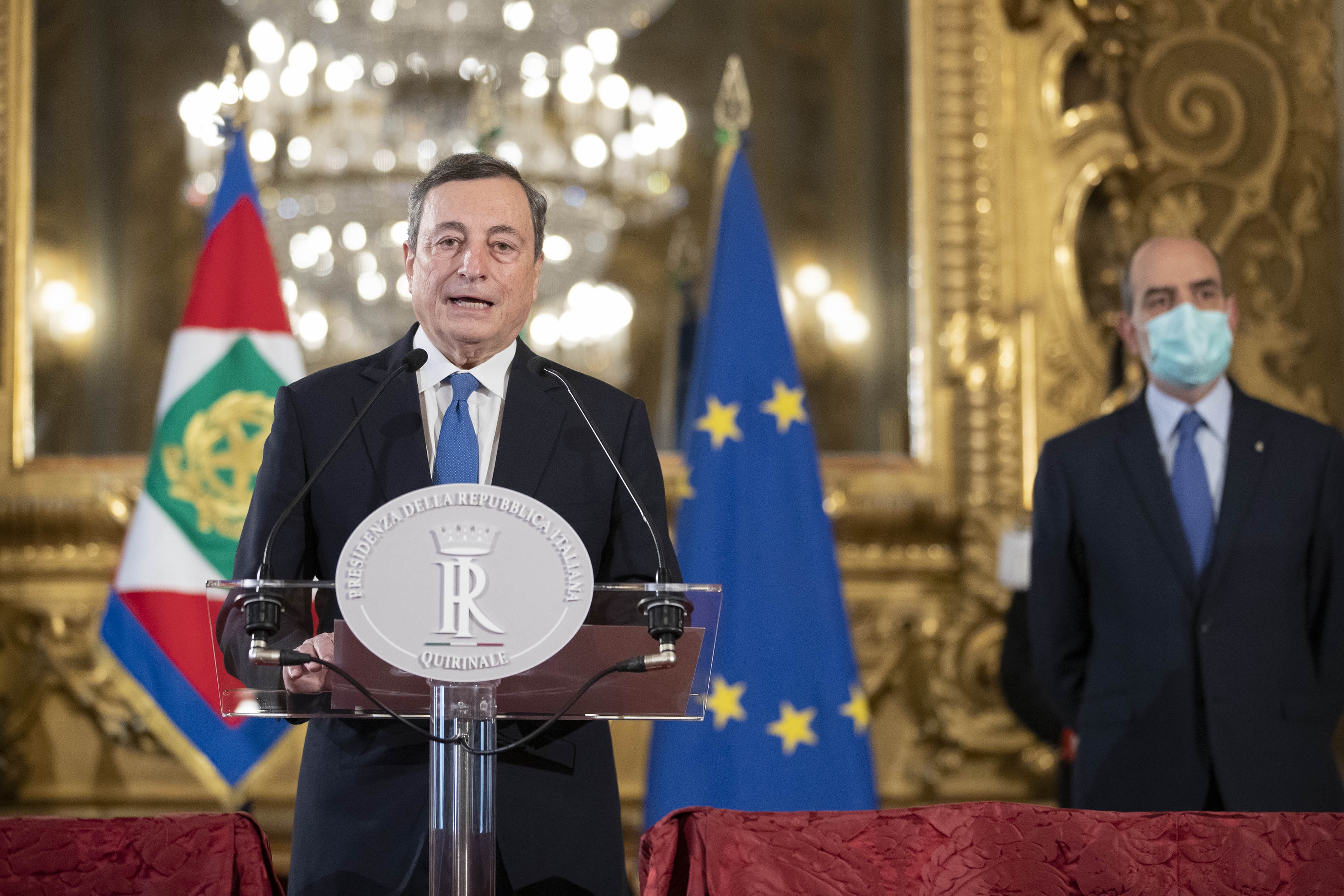 Palazzo del Quirinale 03/02/2021 Il presidente incaricato Mario Draghi nel corso delle dichiarazioni al termine del colloquio con il presidente Sergio Mattarella