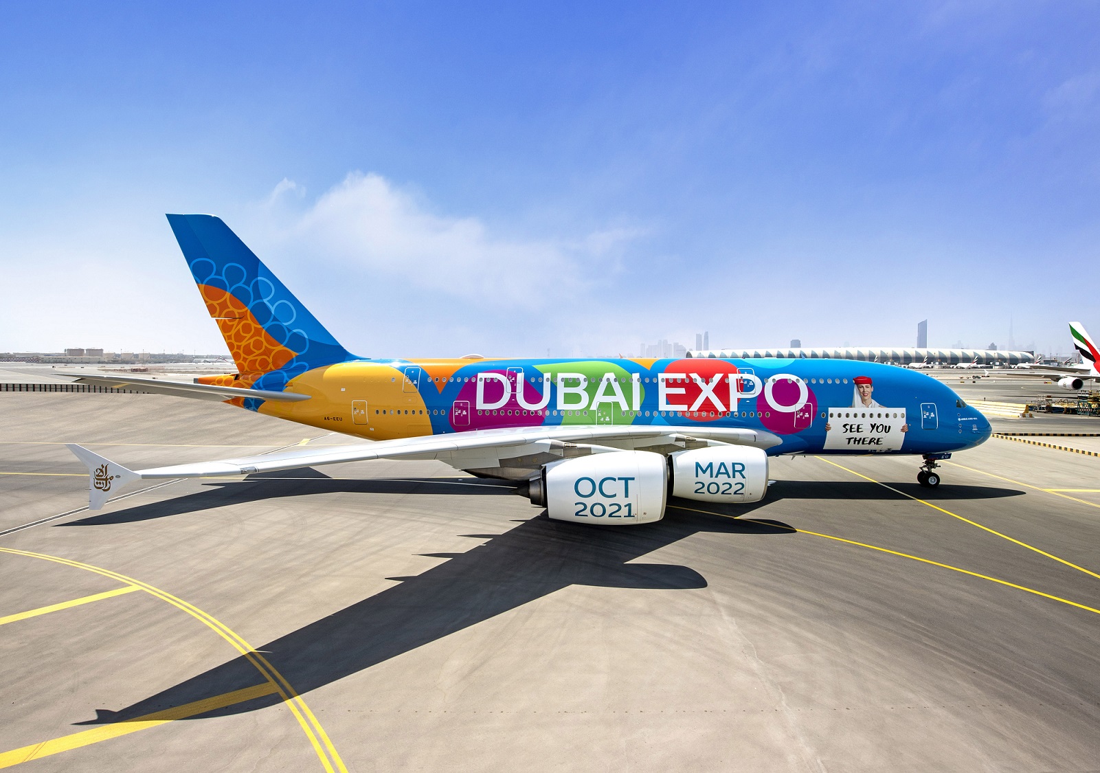 Aereo A-380 di Emirates con la speciale livrea Expo a Dubai da ottobre 2021 a marzo 2022