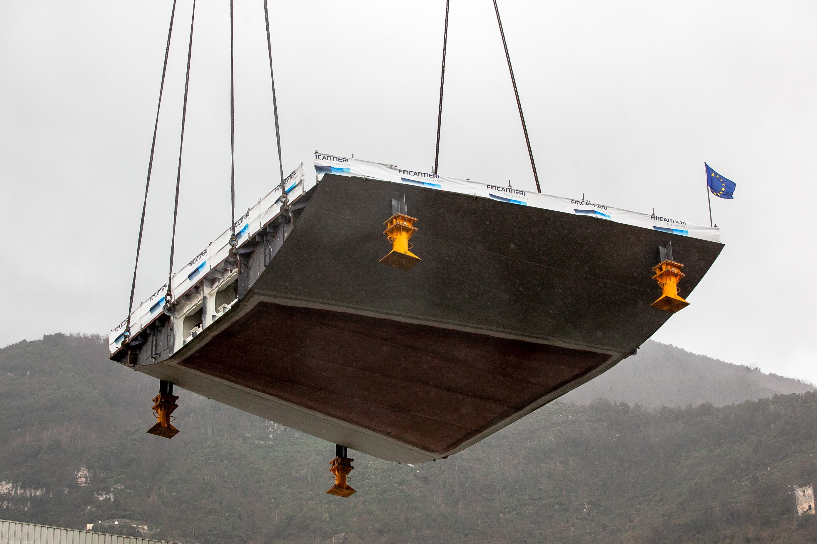February 10, 2021. Fincantieri: the keel-laying of the forward section of “Jacques Chevallier”, the first of four logistic support units LSS (Logistic Support Ship)