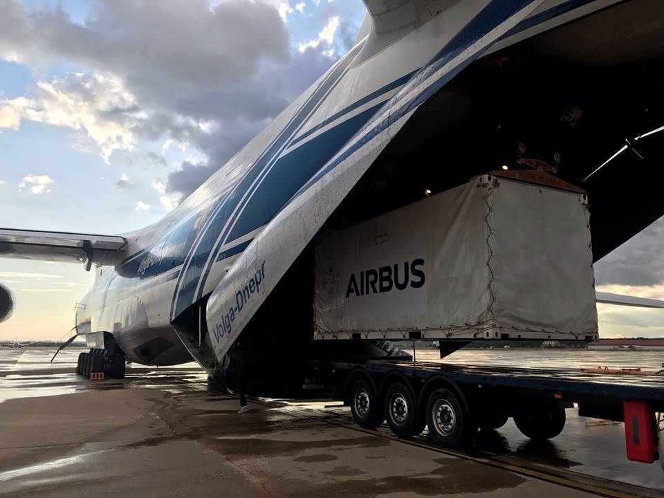 The Spanish satellite SEOSAT-Ingenio, built by Airbus, was loaded on board an Antonov 124 cargo plane to fly to the Kourou launch site