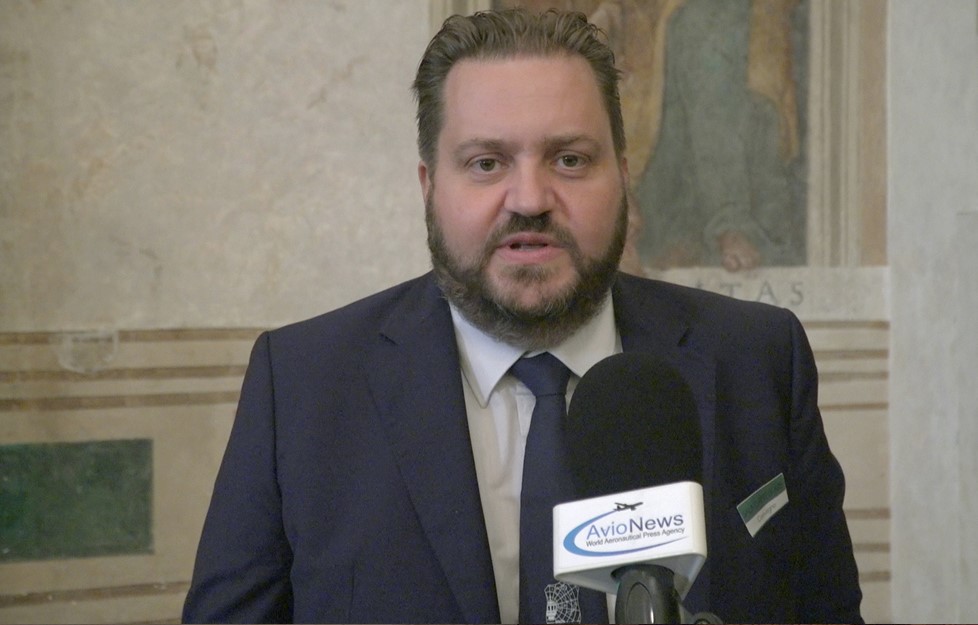 Olivier Barsanti, presidente Anacna, Associazione nazionale degli assistenti e controllori della navigazione aerea, durante il suo intervento al convegno dell'11 ottobre 2021 a Roma