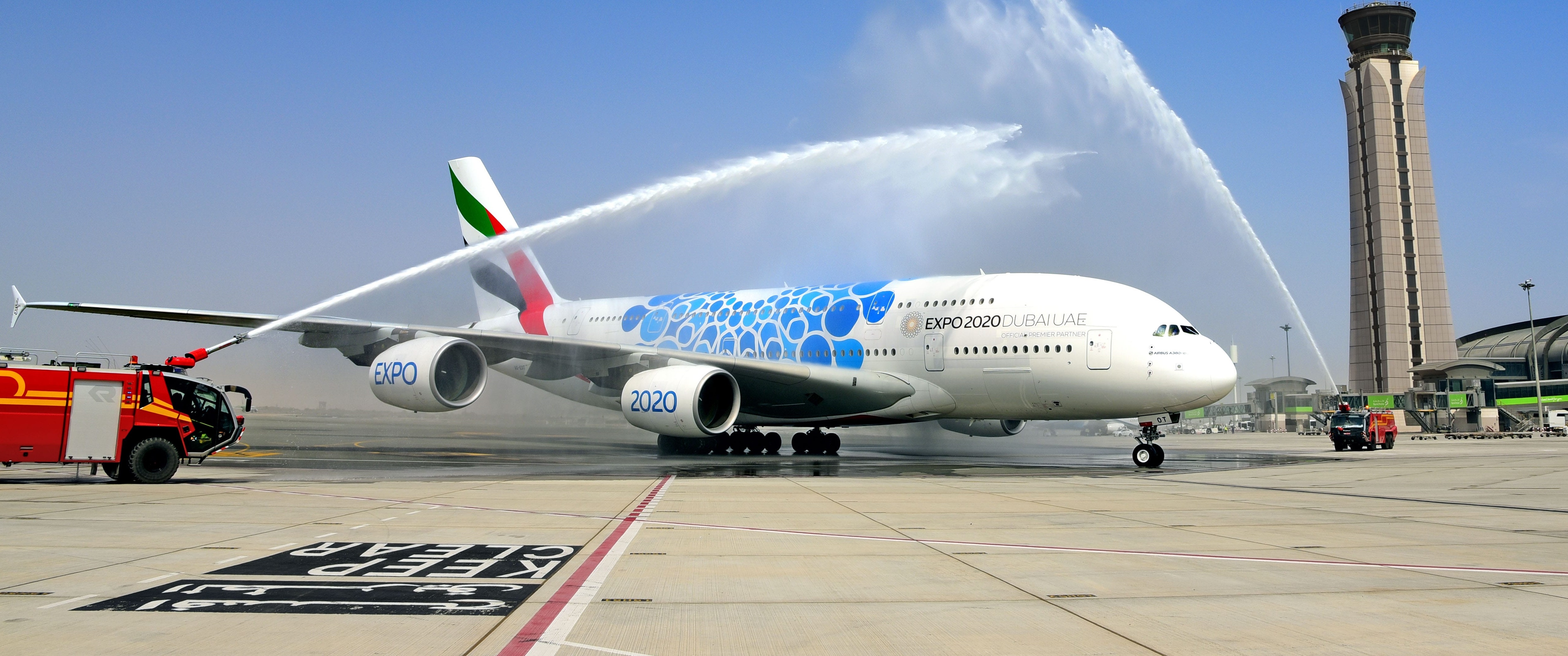 A-380 airplane of Emirates welcomed with the traditional water cannon on July 2nd on the route Dubai-Muscat
