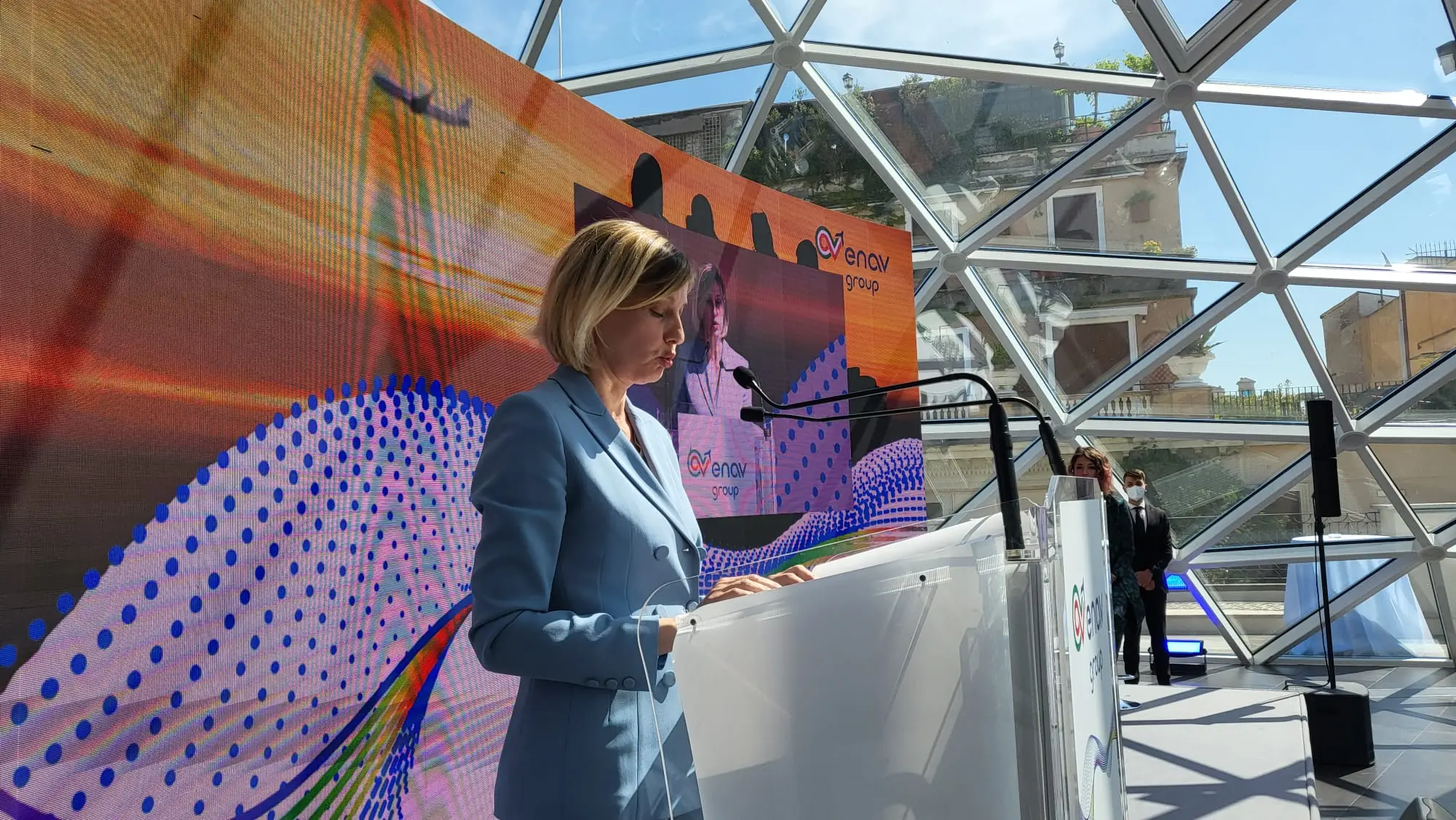 Il presidente di Enav, Francesca Isgrò, al "4th Sustainability day" presso La Lanterna di Fuksas, Roma, il 17 maggio 2022