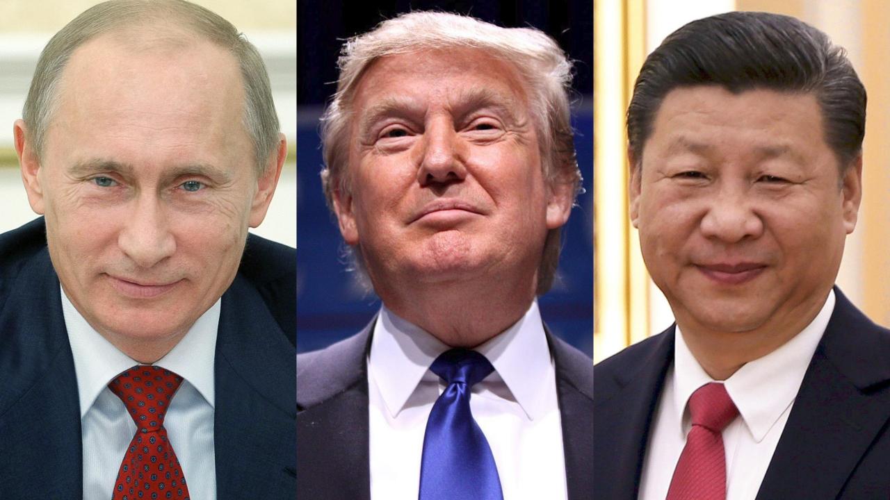 From left to right. The president of Russia Vladimir Putin, the president of United States of America Donald Trump and the president of China Xi Jinping