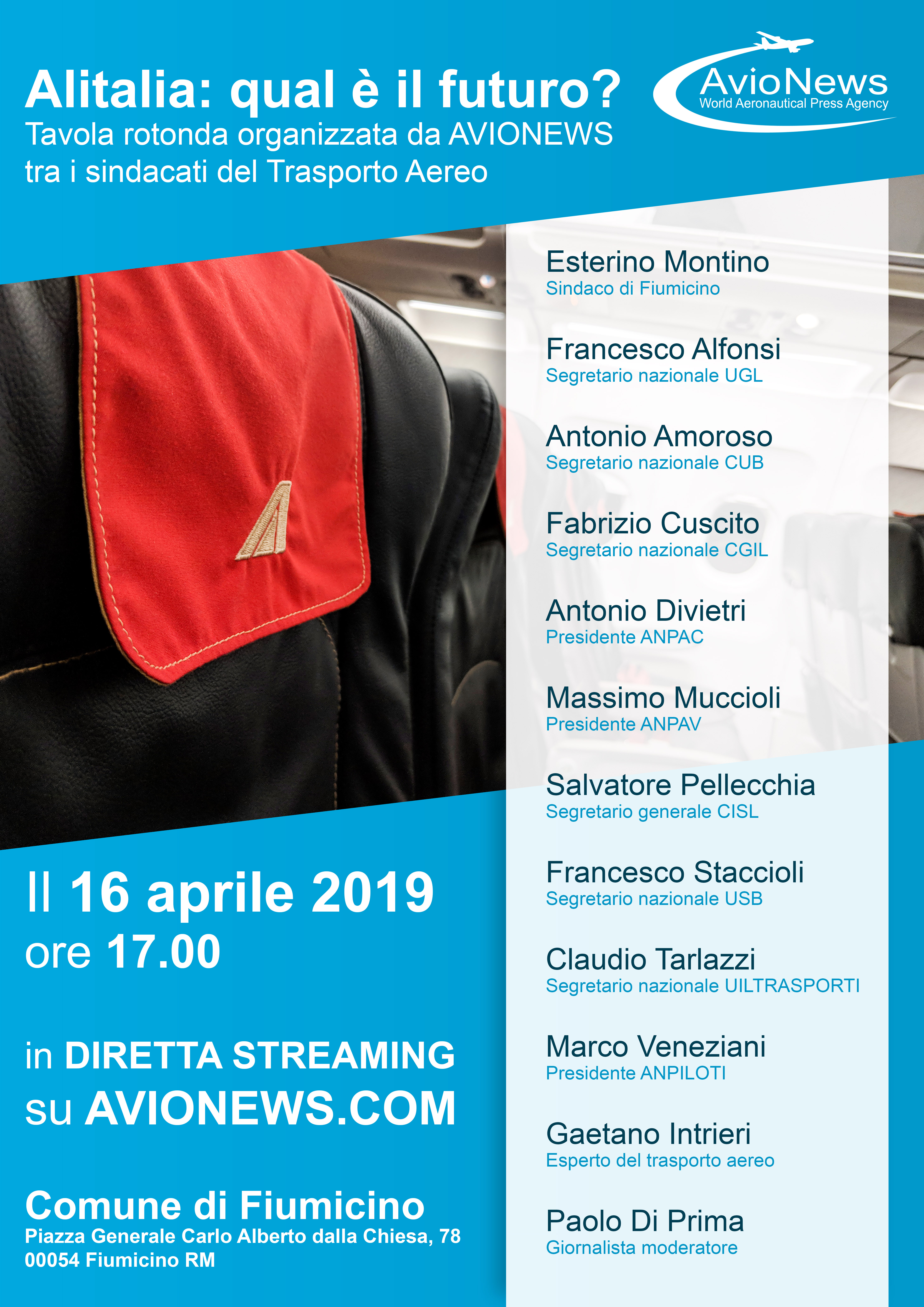 Locandina tavola rotonda tra i sindacati del trasporto aereo organizzata da AVIONEWS dal titolo "Alitalia: qual è il futuro?", Comune di Fiumicino, 16 aprile ore 17