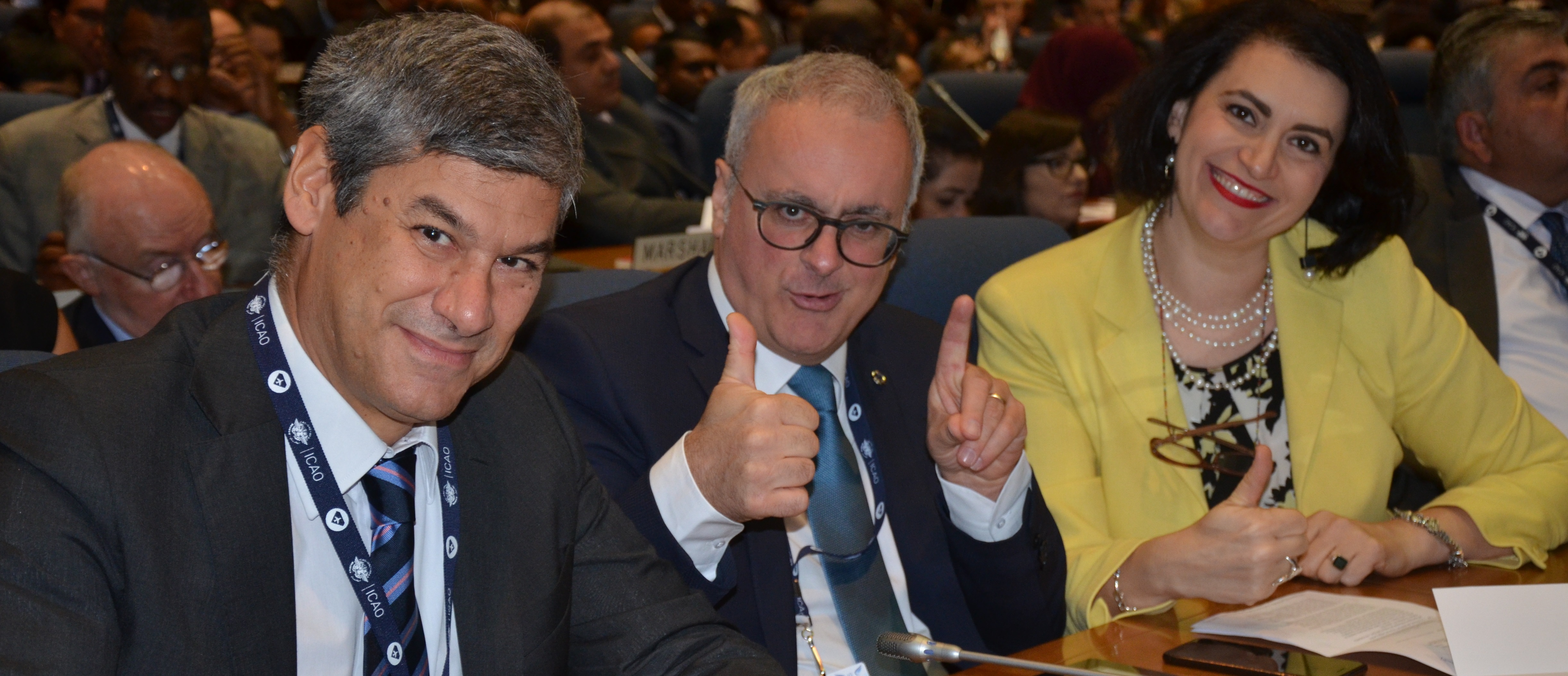 From left: ENAC's general director Alessio Quaranta; ENAC's President Nicola Zaccheo and the permanent delegate of Italy at ICAO Council and consul general of Italy at Montreal Silvia Costantini at the 40th ICAO general assembly (September 24-October 4, 2019)