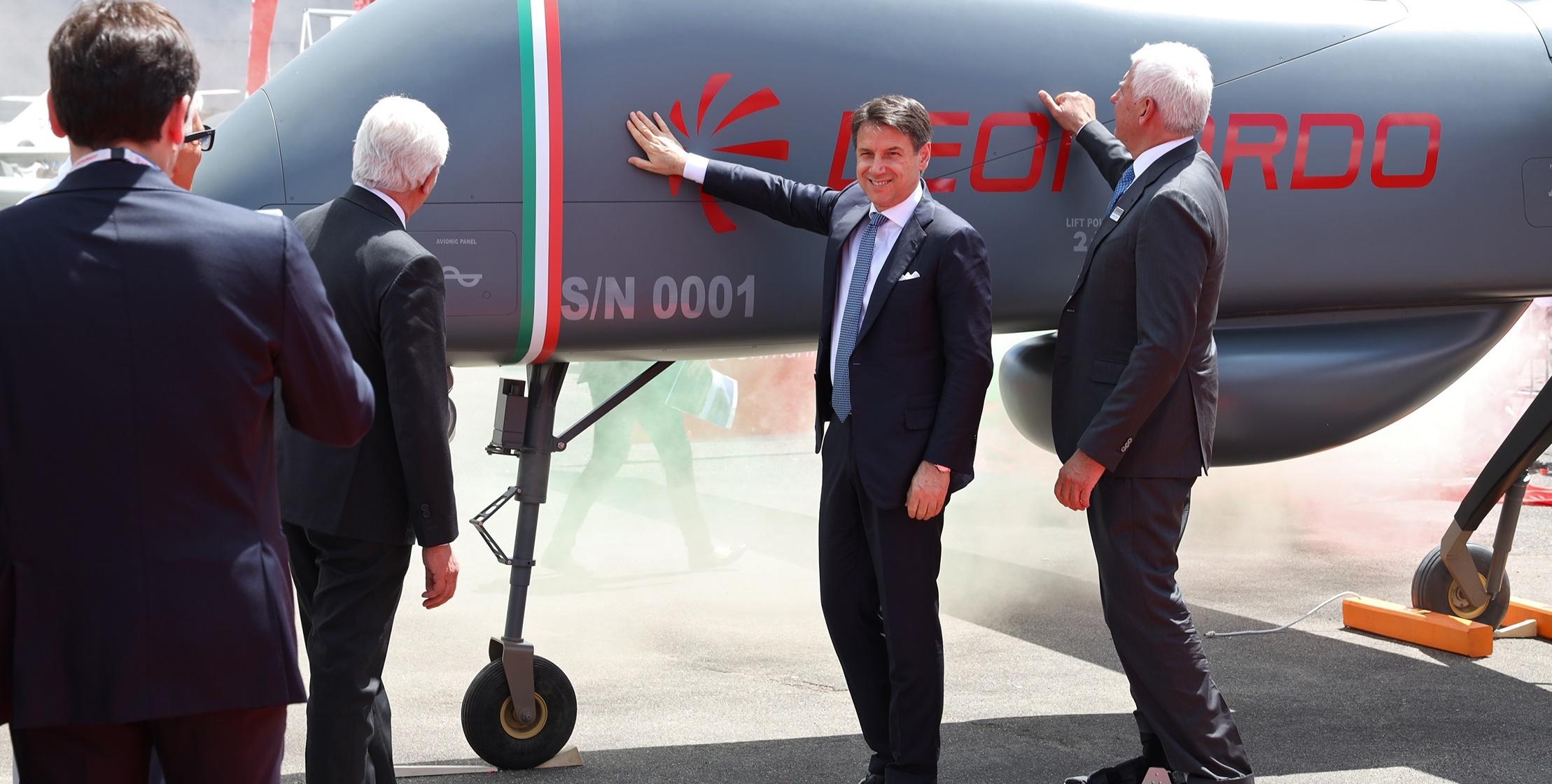 Italy’s Prime Minister, Giuseppe Conte, and Leonardo CEO Alessandro Profumo, attending Leonardo’s new drone Falco Xplorer unveiling cerimony at "Le Bourget 2019" aerospace Exhibition