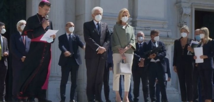 8 settembre 2020. Celebrazioni a Loreto per cerimonia accensione lampada della pace; Mattarella e figlia Laura, dietro Zaccheo e Quaranta