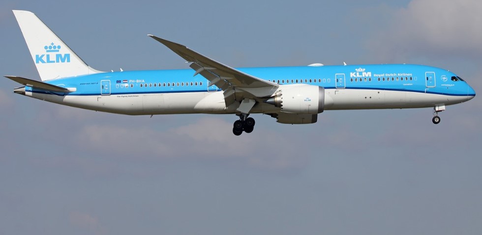 KLM Royal Dutch Airlines B-787 airplane on finals into Amsterdam Airport