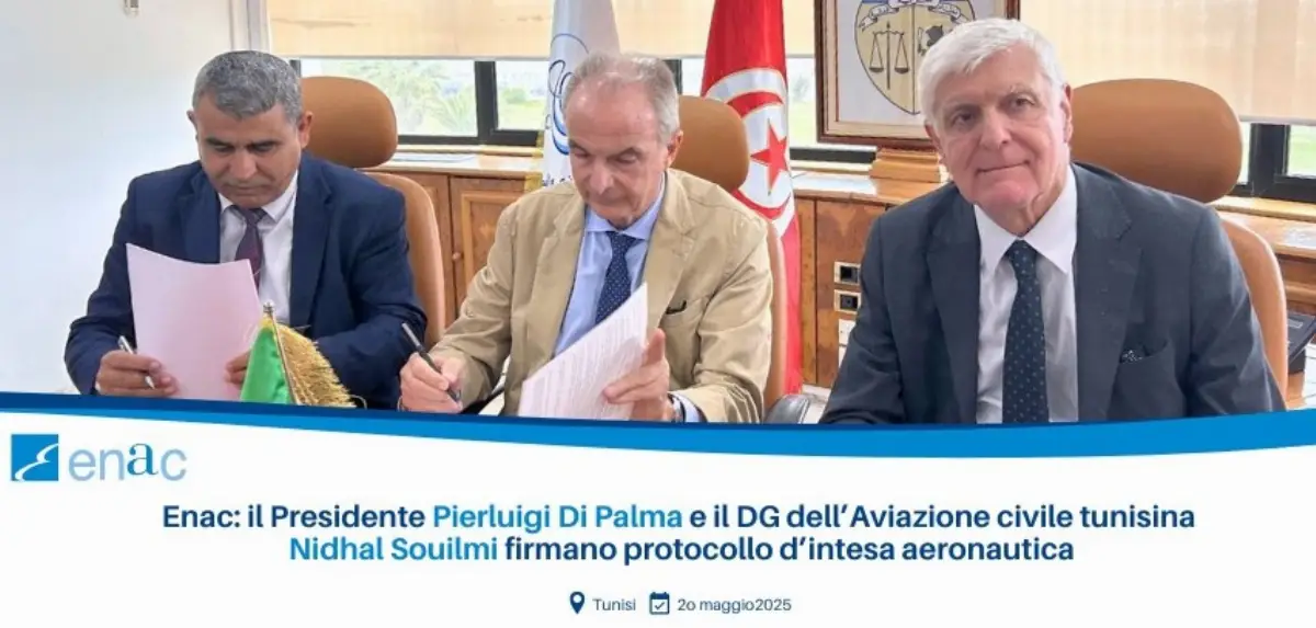 Tunisi, 20 maggio 2025. Enac: il presidente Pierluigi Di Palma ed il dg dell’aviazione civile tunisina Nidhal Souilmi firmano protocollo d’intesa aeronautica