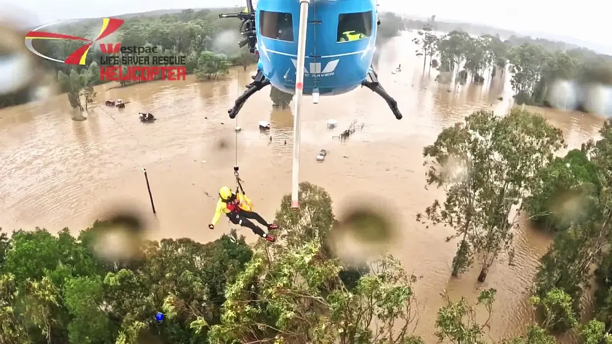 Helicopter of the Westpac Life Saver Rescue to the aid of Australian ranchers and farmers affected by heavy flooding in New South Wales