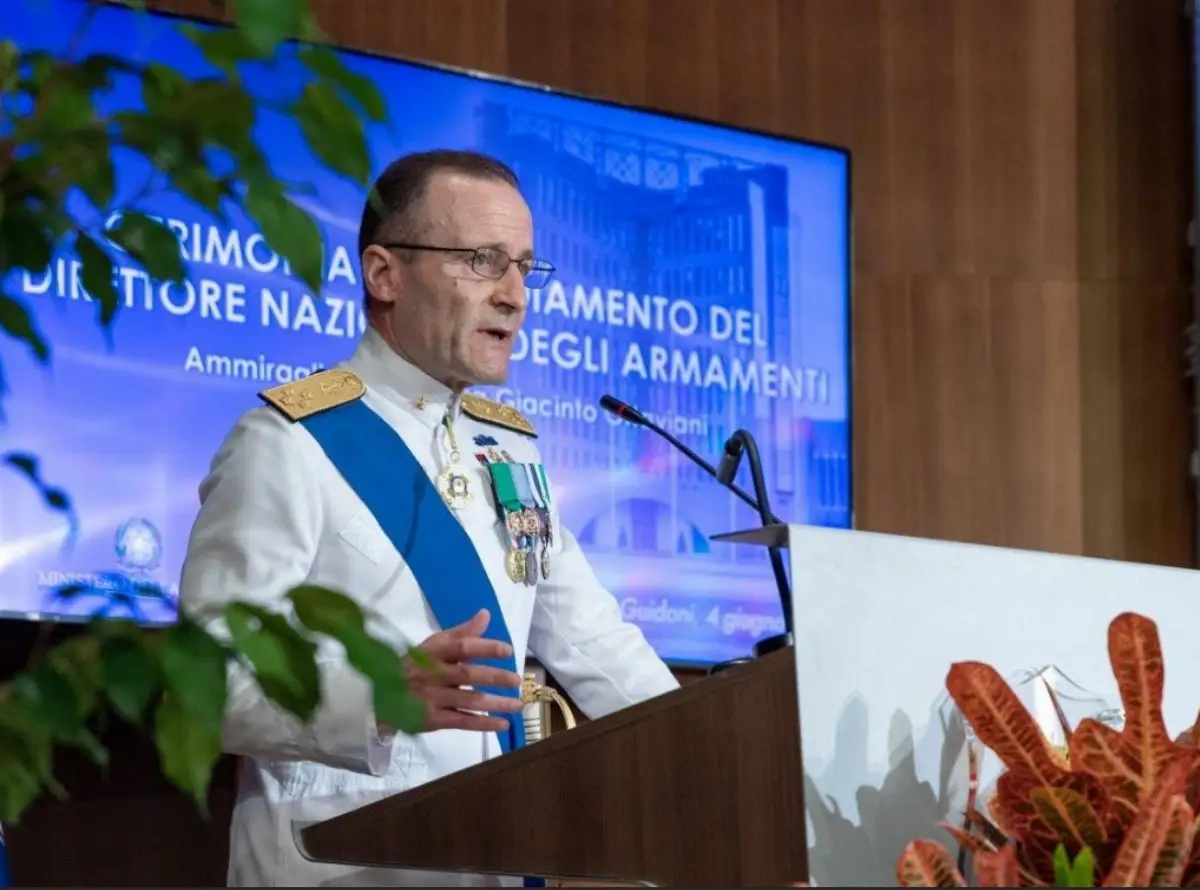 Roma, 4 giugno 2025 - L'ammiraglio di Squadra Giacinto Ottaviani nuovo direttore nazionale degli armamenti, durante il suo discorso di insediamento a Palazzo Guidoni