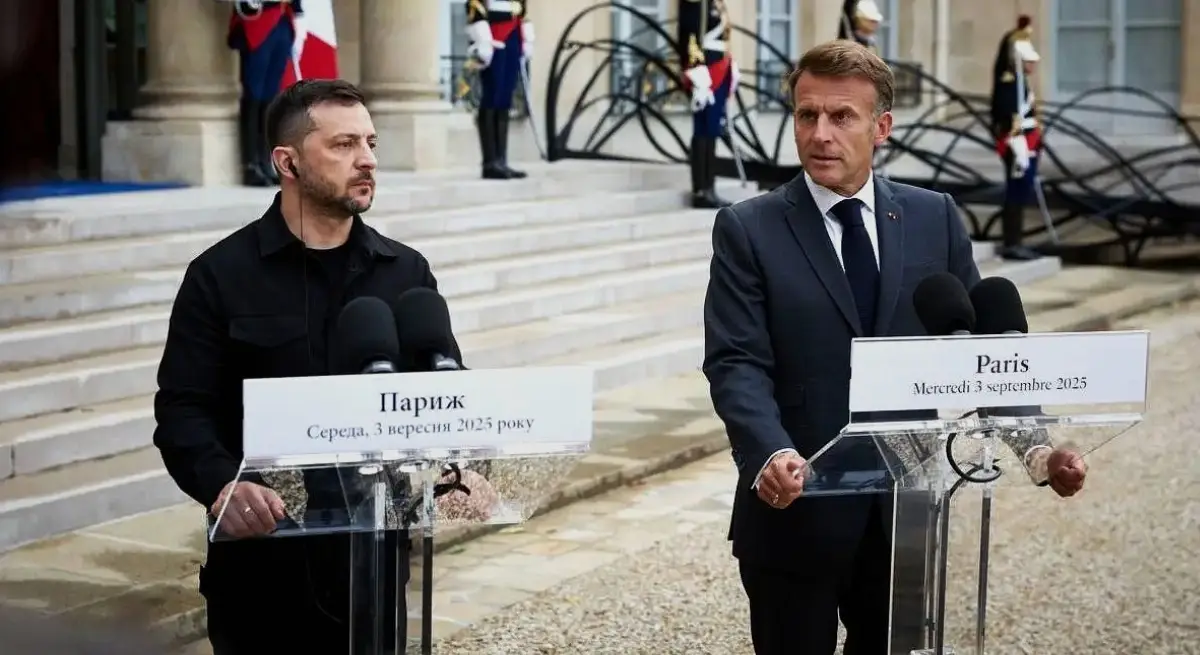 The French President Macron and the Ukrainian counterpart Zelensky in press conference on September 3, 2025, a day before of the meeting that has seen the efforts by 26 "Volenterosi" Countries for the safety of Kiev after war