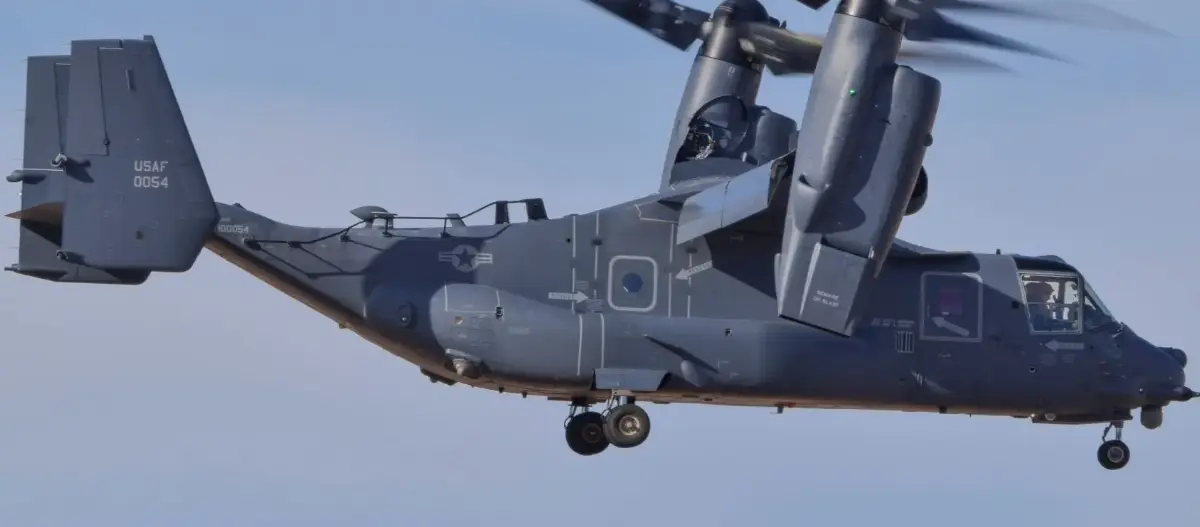 A US Air Force CV-22 tiltrotor completes the first flight with incorporated nacelle improvements, December 2021
