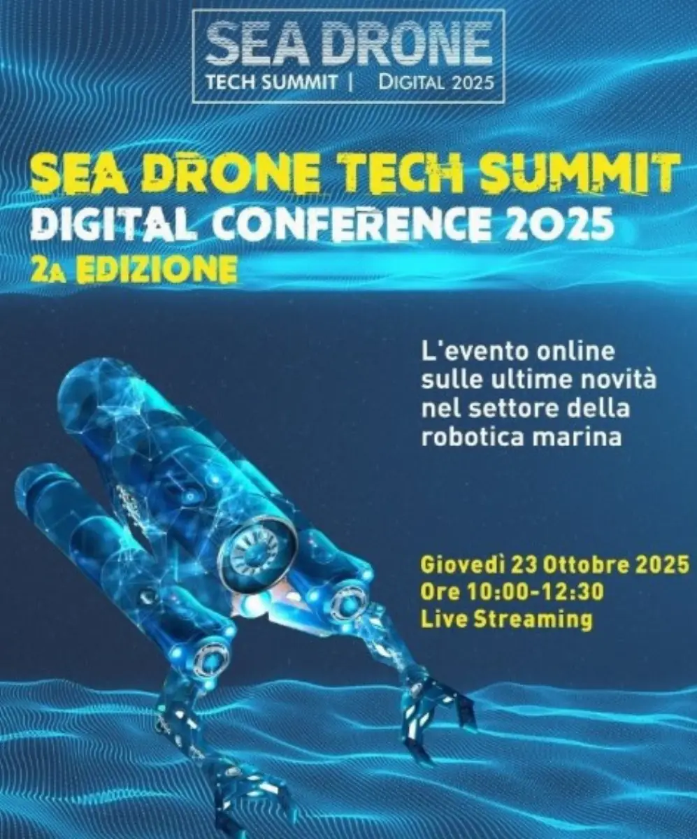 Locandina seconda edizione evento in streaming del 23 ottobre 2025 (10-12:30) di Sea Drone Tech Summit sulle ultime novità nel settore della robotica marina