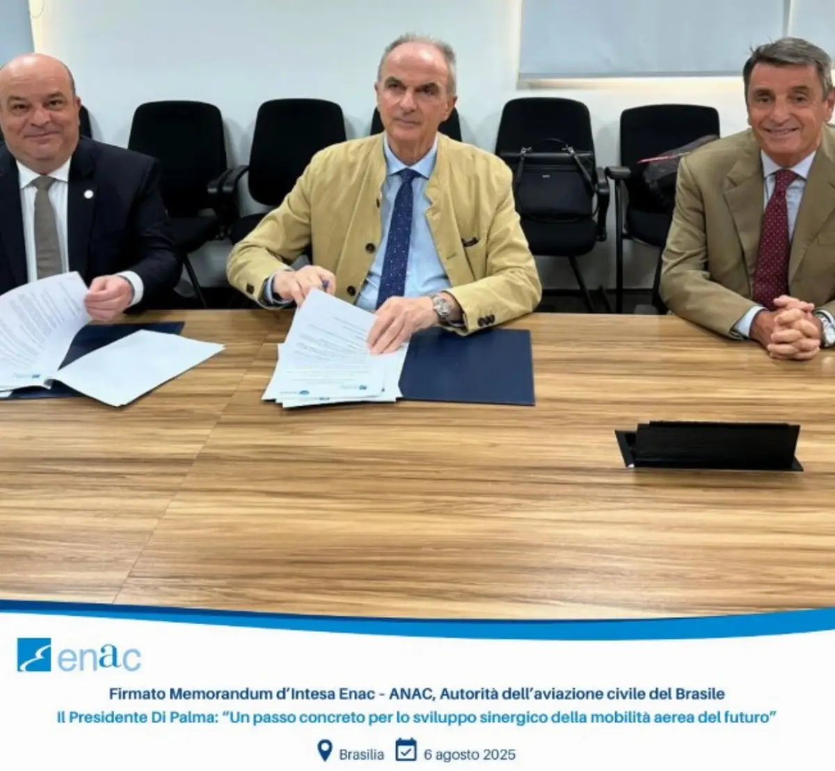 Brasilia, 6 agosto 2025: il presidente Enac (Ente nazionale aviazione civile) Pierluigi Di Palma (al centro) ed il Director-President Anac brasiliana Adriano Miranda, hanno firmato un Memorandum of Understanding, alla presenza dell’ambasciatore d’Italia in Brasile, Alessandro Cortese