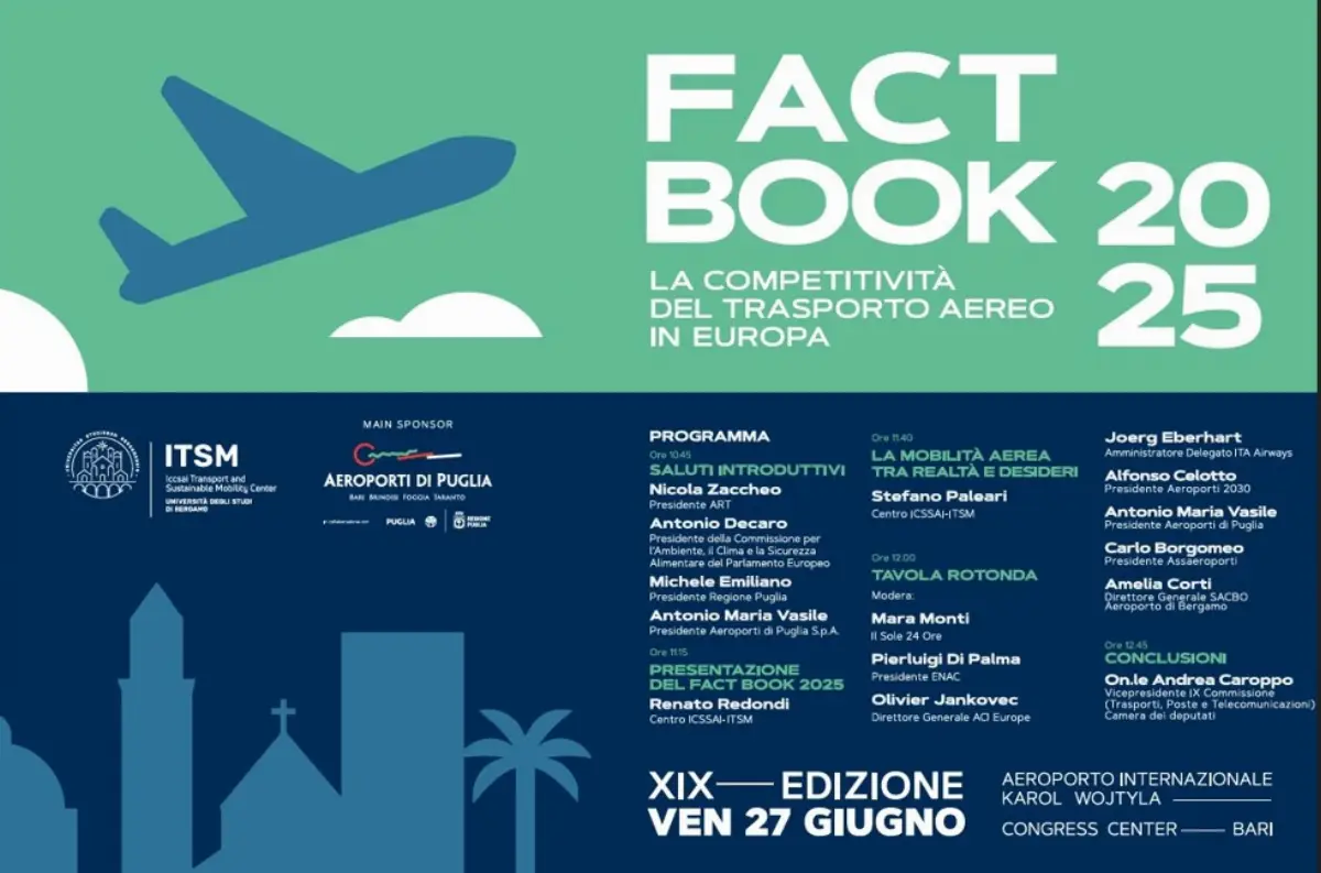 La presentazione del rapporto "FactBook 2025, la competitività del trasporto aereo in Europa" del 27 giugno 2025 all'aeroporto di Bari dalle 11 alle 13