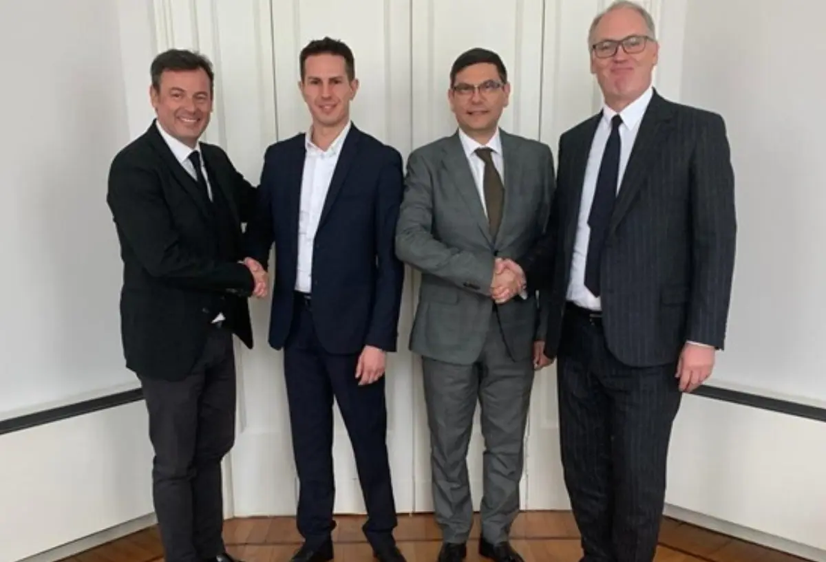 Incontro Airgest-Sky Alps il 14 febbraio 2020 a Trapani. Michele Bufo (dg Airgest), Alex Spinato (ceo Sky Alps), Salvatore Ombra (presidente Airgest) e Joseph Gostner (presidente Sky Alps)