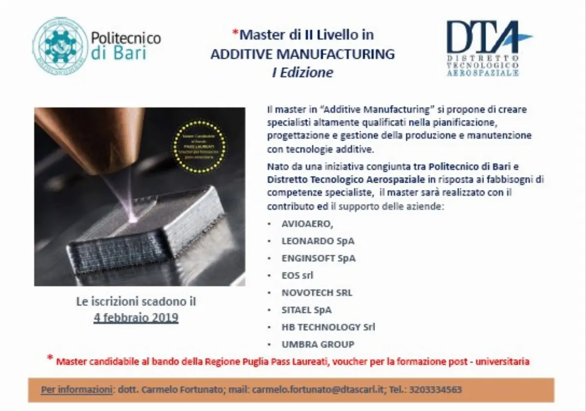 Politecnico di Bari-Dta: master in additive manufacturing per aerospazio