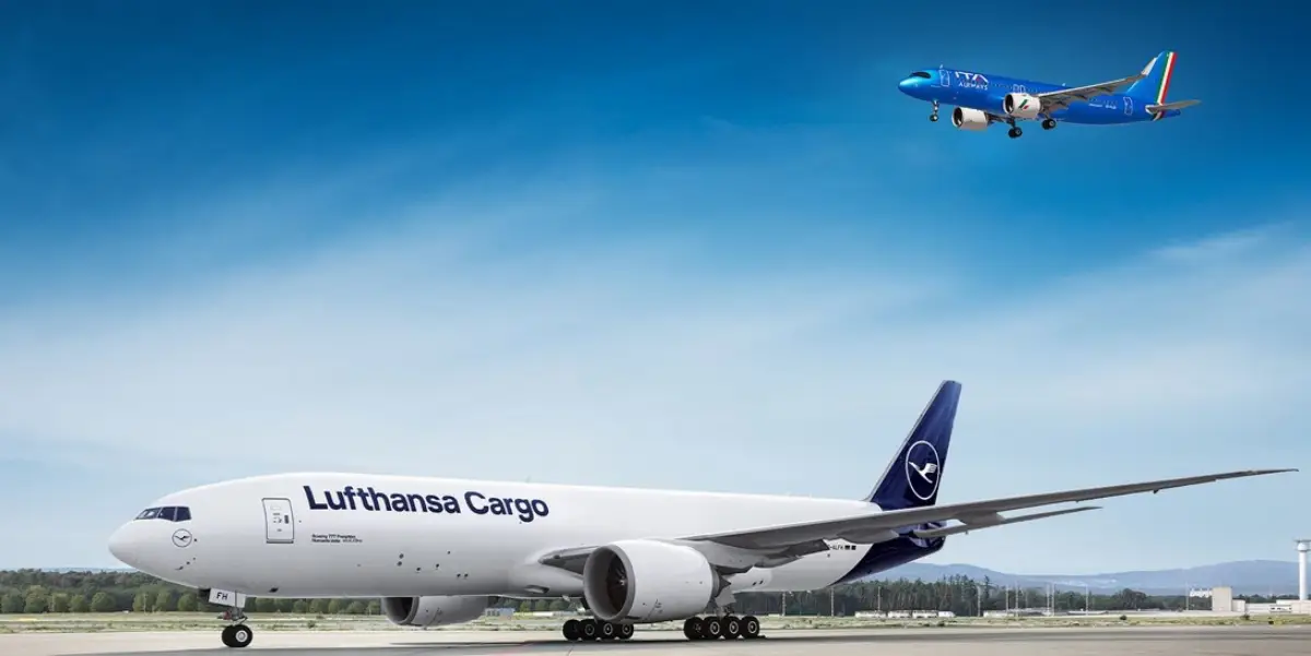 Lufthansa Cargo airplane at ground and ITA Airways' aircraft in flight