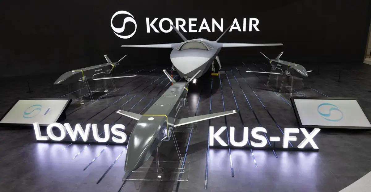 LOWUS (Low Observable Wingman UAV System) prototype and KUS-FX (small unmanned collaborative aircraft) mock up at Korean Air’s booth at SEOUL ADEX 2025 (October 17-24)