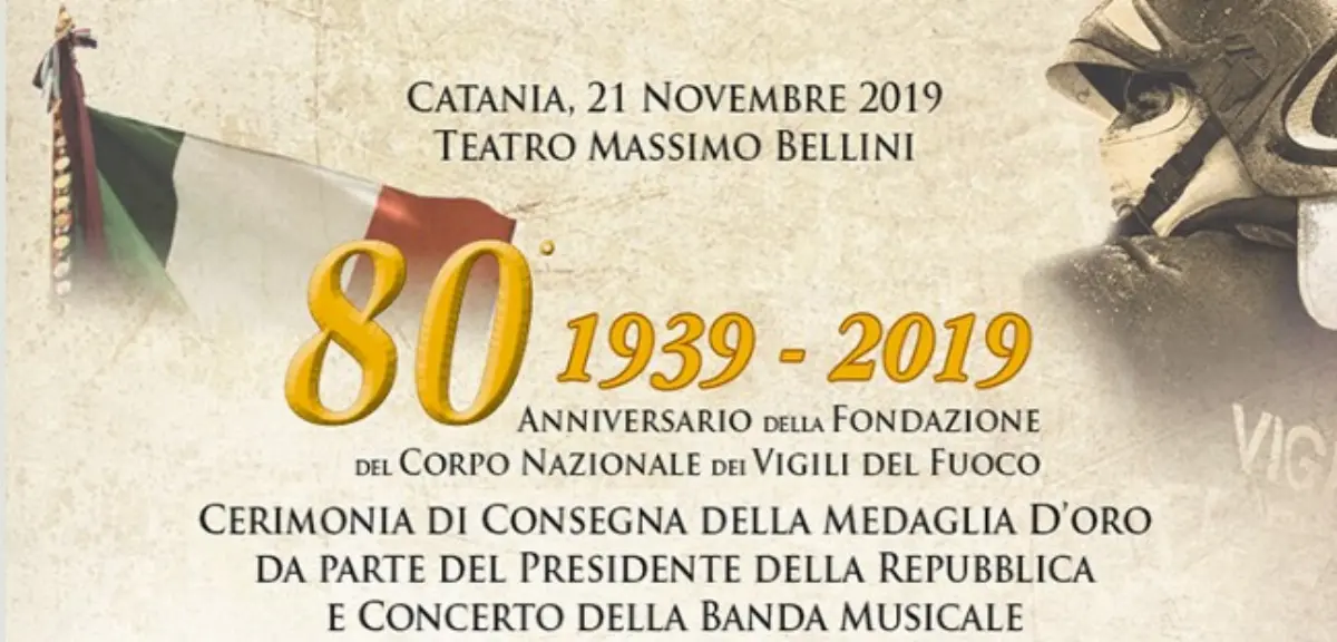 Locandina celebrazioni 80esimo anniversario della fondazione del Corpo nazionale dei Vigili del Fuoco (Catania, 21 novembre 2019)