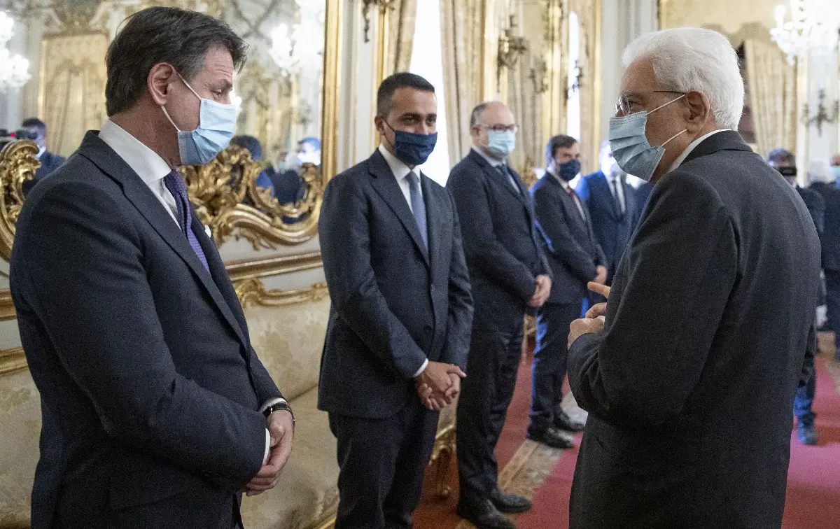 Palazzo del Quirinale 15/07/2020. Il presidente della Repubblica Sergio Mattarella con il presidente del Consiglio dei ministri ed altri membri del Governo, in occasione Consiglio europeo a Bruxelles 17-18 luglio 2020