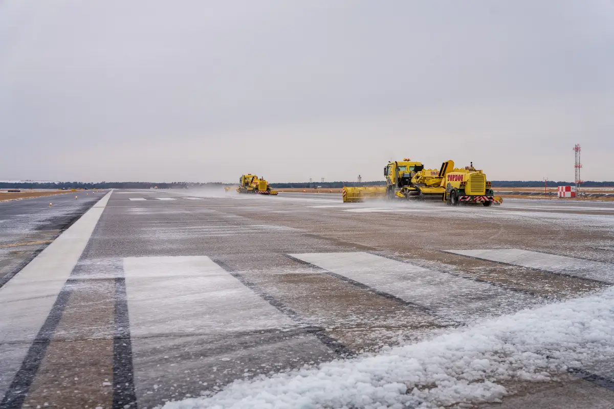 Vehicles on runway, to make operating the airports in Houston, Texas, after the snow storm