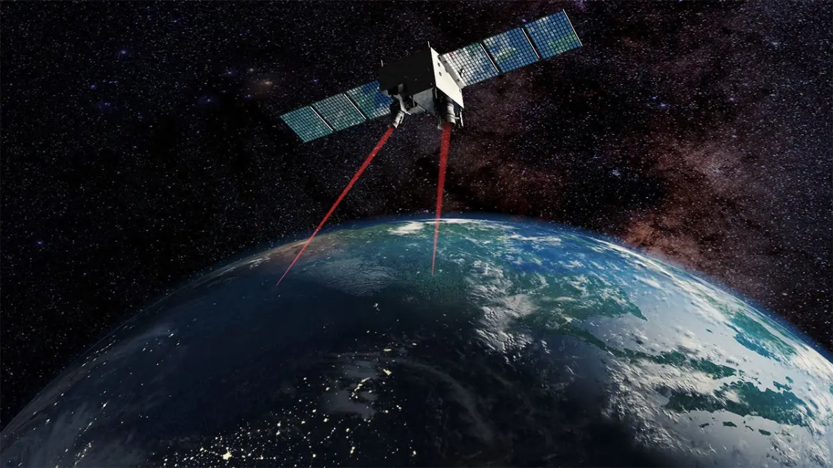 Render di un satellite che riceve ed invia un fascio di fotoni