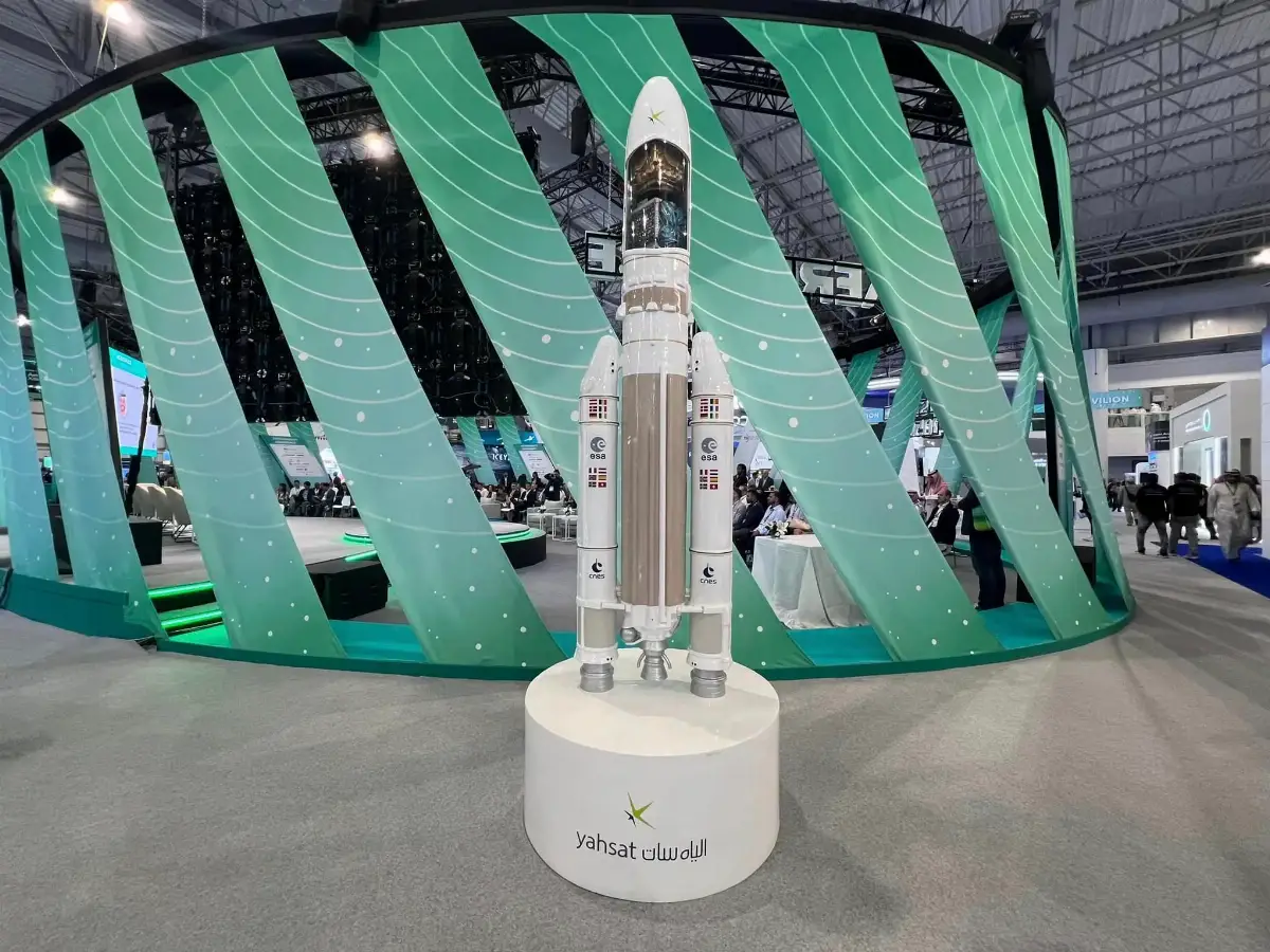 Model of an Ariane 5 space carrier rocket at the Dubai Airshow 2023