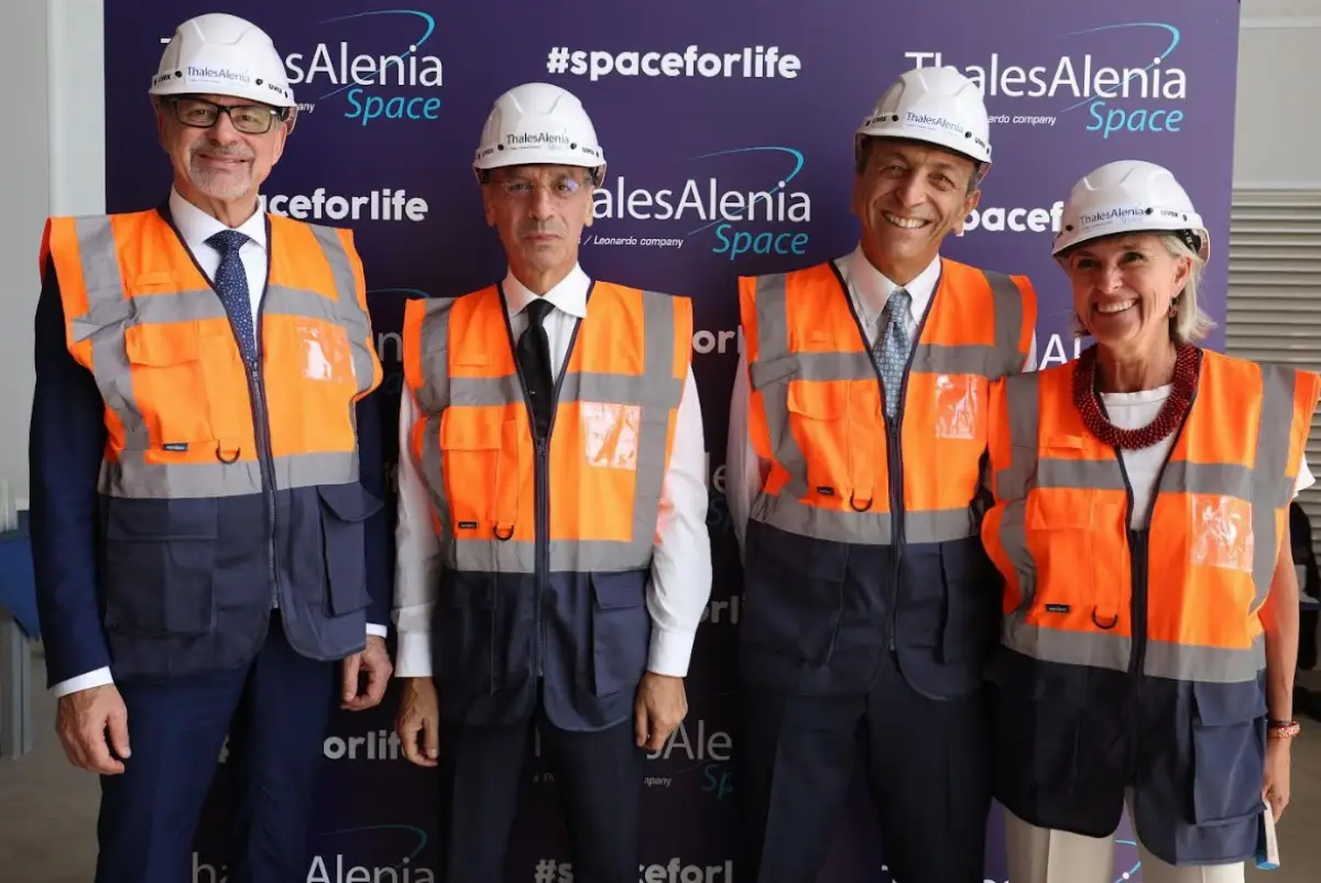 Roma, 8 luglio 2025. Josef Aschbacher, direttore generale dell'agenzia spaziale europea (Esa), Teodoro Valente, presidente Agenzia spaziale italiana (ASI), Giampiero Di Paolo, ad Thales Alenia Space Italia, Simonetta Cheli, direttore Osservazione della Terra Esa e responsabile di Esrin
